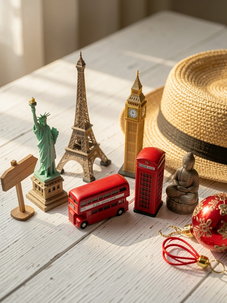 Miniaturas da Estátua da Liberdade, Torre Eiffel, Big Ben e ônibus vermelho sobre mesa branca texturizada, luz natural suave.