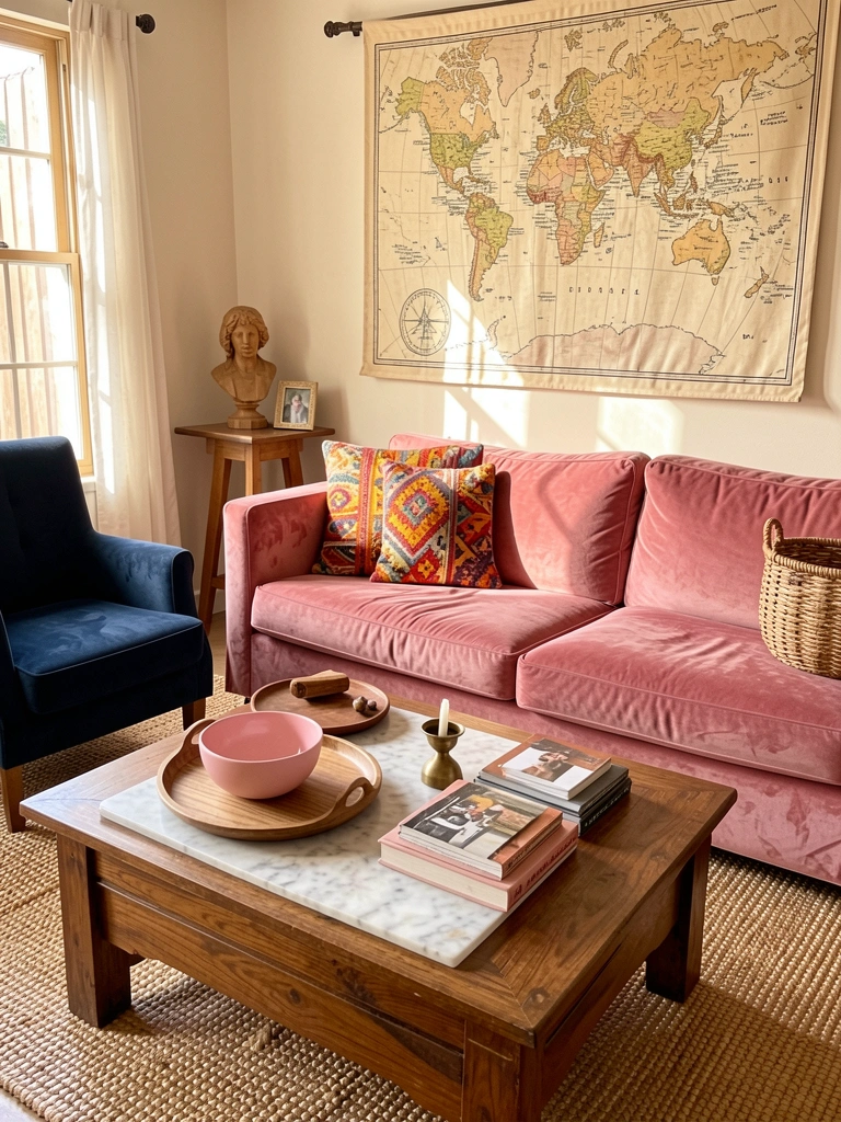 Sofá rosa aveludado com almofada estampada, mapa-múndi pendurado acima, mesa de centro de mármore com livros e vela, luz natural entrando pela janela.