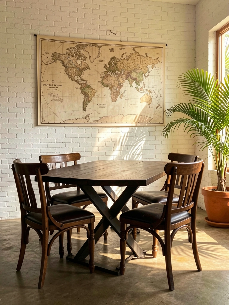 Mesa de madeira escura com base metálica em X, cadeiras vintage de couro, mapa-múndi na parede de tijolos brancos e vaso à direita, luz natural.