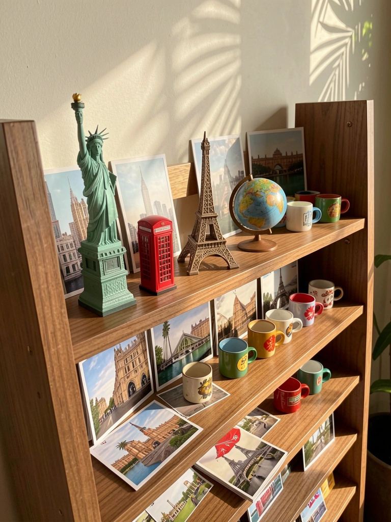 Miniaturas de souvenirs de viagem em estante de madeira: Torre Eiffel, cabine telefônica, globo e postais, com luz natural e sombras suaves.