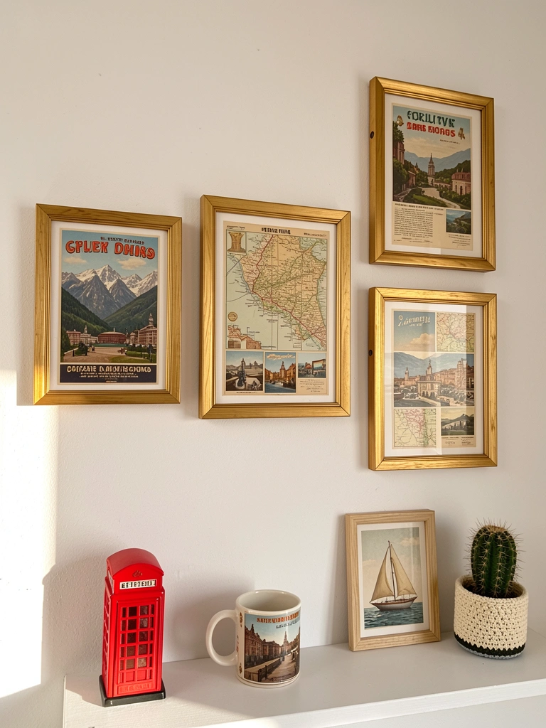 Três molduras douradas com pôsteres de viagem vintage, caneca cerâmica, cabine telefônica vermelha e cacto em vaso de crochê em prateleira, luz natural.