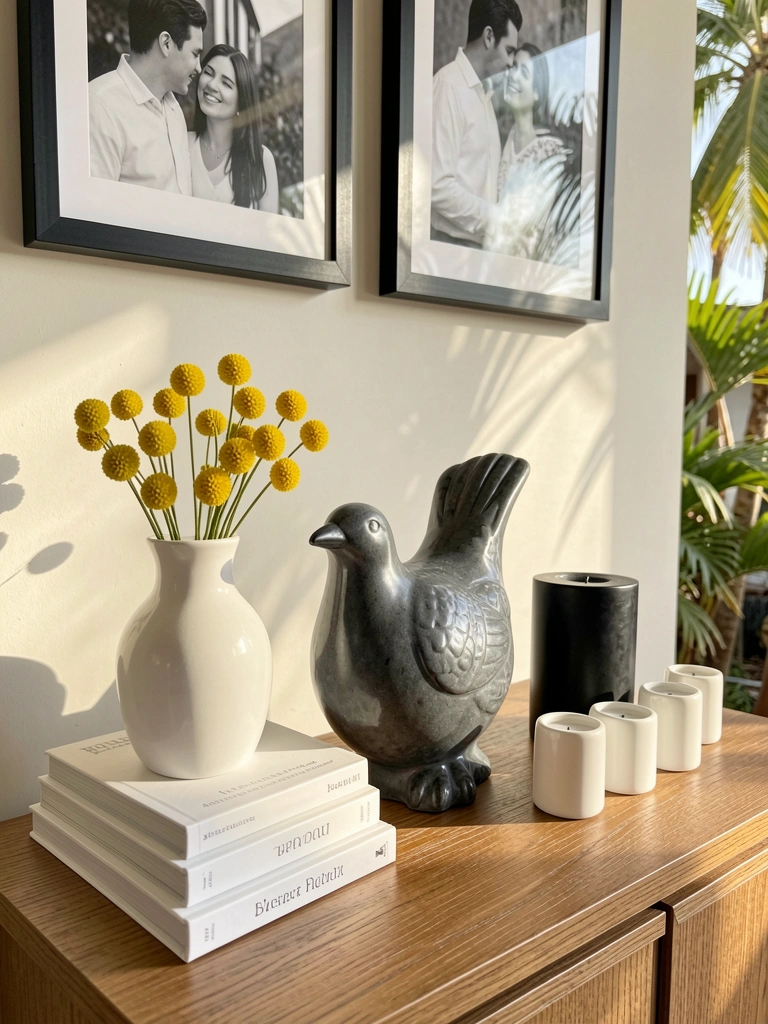 Pássaro de cerâmica cinza-escuro sobre mesa de madeira com vaso branco, livros empilhados e vela preta, luz natural do dia.