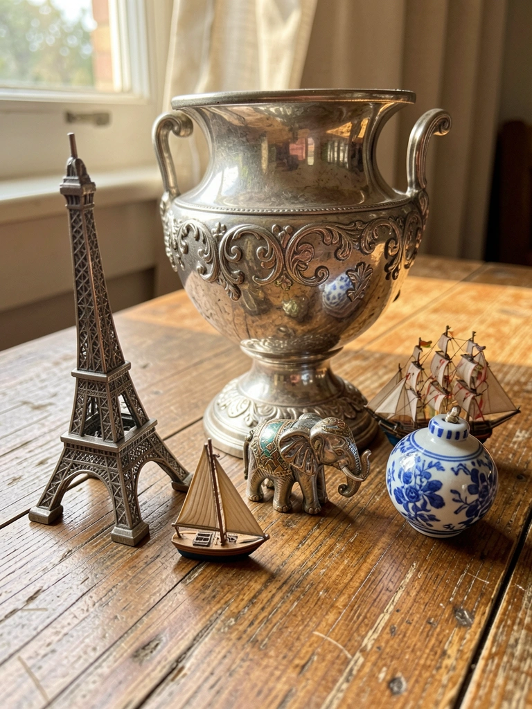 Mesa de madeira com vaso de prata ornamentado, miniatura da Torre Eiffel, barco à vela e elefante decorativo sob luz natural.