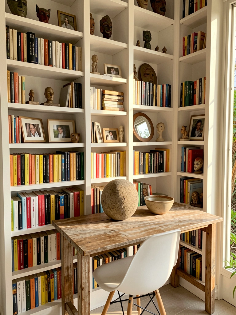 Luz natural incide sobre estante branca do chão ao teto com livros coloridos, esculturas e moldura redonda; mesa rústica com esfera de pedra e tigela de cerâmica sob cadeira Eames.