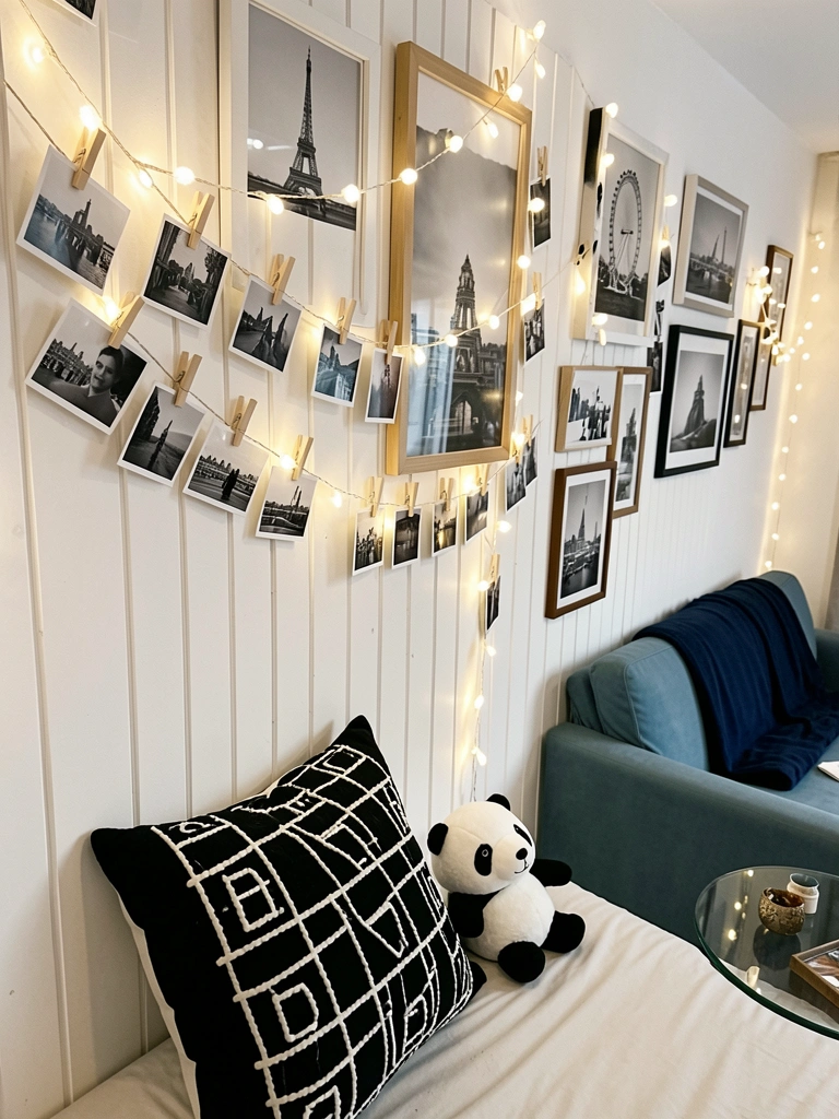 Fios de luzes LED branco quente pendurados em painéis de madeira branca, com fotos em preto e branco presas por pregadores de madeira clara, travesseiro preto com padrão geométrico e ursinho panda branco sobre a cama.