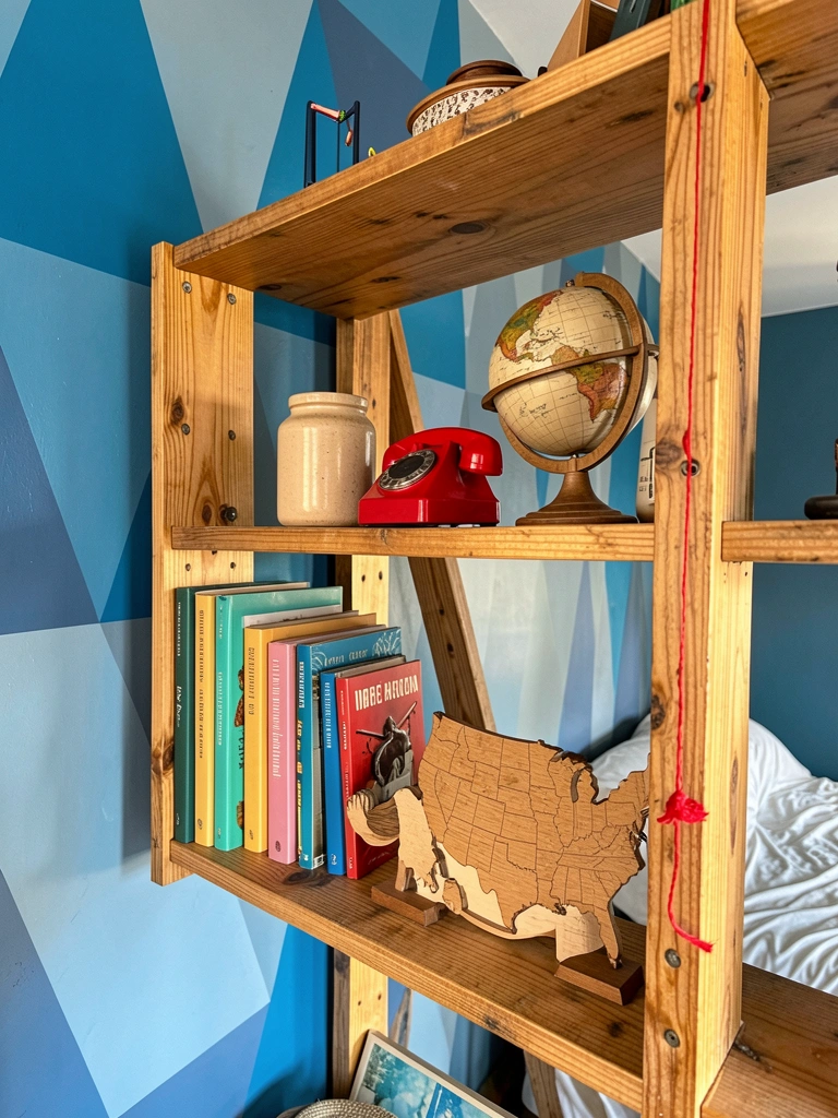 Prateleiras de madeira rústica com livros, jarro de cerâmica, telefone vermelho e globo, contra mural geométrico azul e cinza iluminado por luz natural.