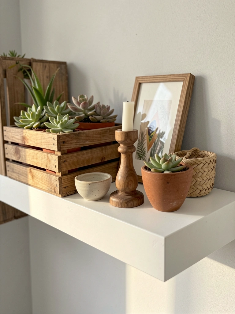 Prateleira branca com caixas de madeira, vasos de suculentas, porta-velas, moldura e cesto, luz natural, parede cinza clara.