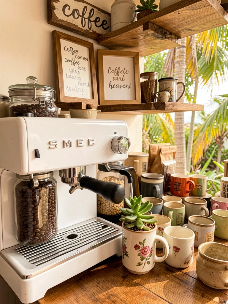 Máquina de espresso Smeg branca, pote de vidro com grãos, caneca floral e suculenta em prateleira de madeira, luz natural.