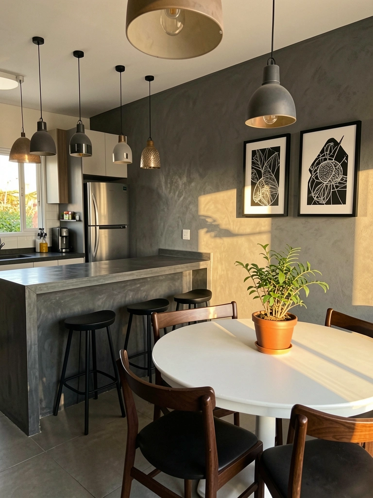 Bancada de concreto cinza escuro com pia de aço inoxidável, banquetas pretas e mesa redonda branca com cadeiras de madeira escura, sob luz natural e pendentes.