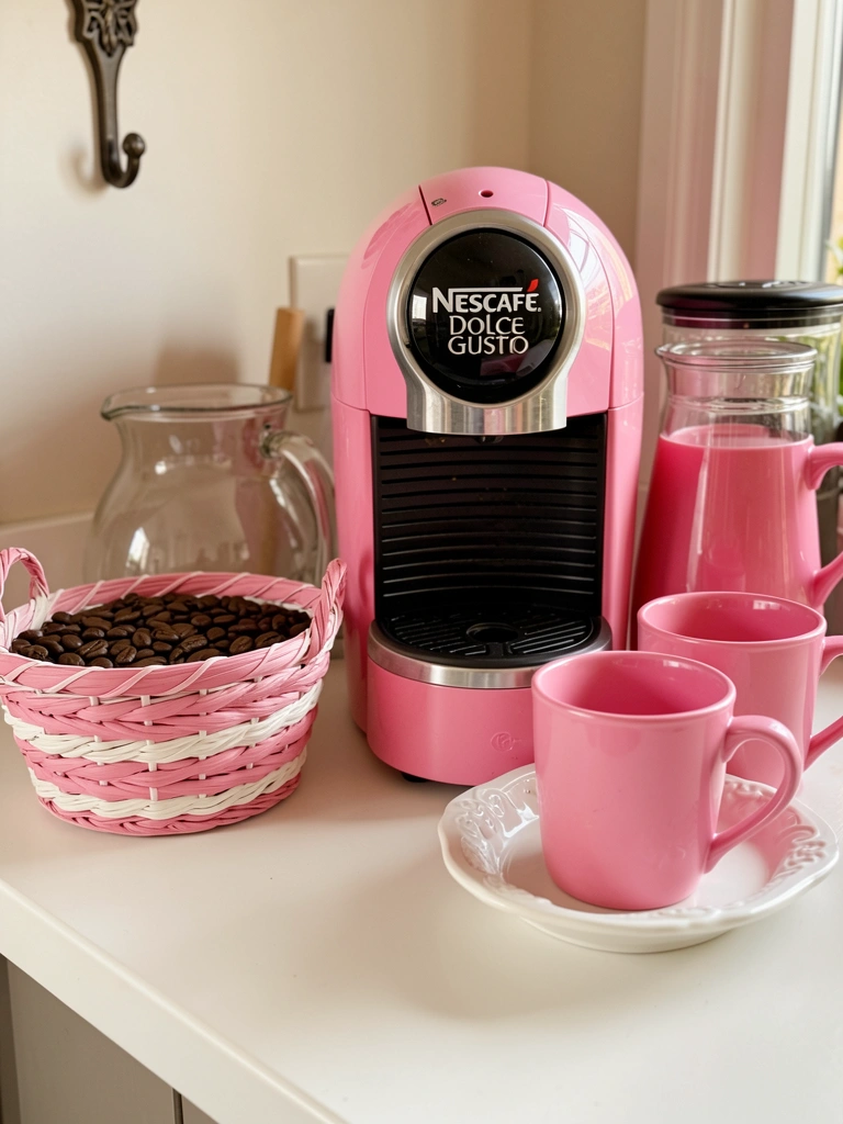 Bancada branca com máquina Dolce Gusto rosa, mugs rosa, cesta de vime com grãos de café e jarra de vidro, luz natural.