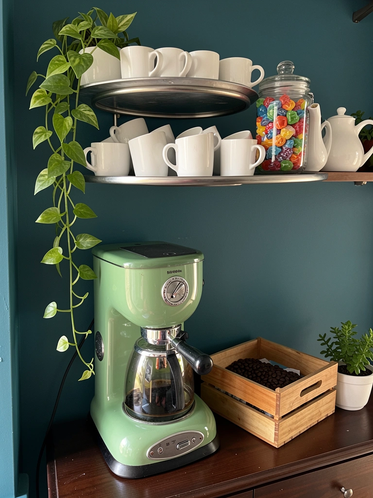 Cafeteira verde com base cromada em estante de madeira escura, xícaras brancas em prateleira circular, planta pendente e pote de vidro com balas coloridas.