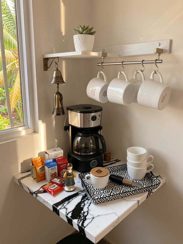 Mesa lateral de mármore preto e branco com cafeteira vintage, suculenta branca em prateleira flutuante e suporte de canecas brancas, luz natural do dia.