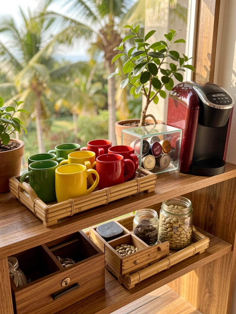 Prateleira de madeira com bandeja de bambu e canecas coloridas verdes, amarelas e vermelhas, cafeteira Keurig vermelha e vaso com folhas verdes, luz natural.