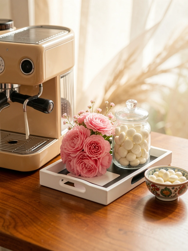 Máquina de espresso marrom-claro à esquerda, bandeja branca e preta com arranjo floral rosa ao centro, pote de vidro com chocolates brancos e tigela decorativa à direita sobre madeira polida com luz natural.