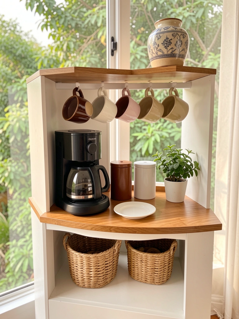 Cafeteira preta sobre bancada de madeira e branco, com mugeiros em tons terrosos pendurados em suporte, vaso de cerâmica e cesto de vime, luz natural vinda de janela com vista para verde.