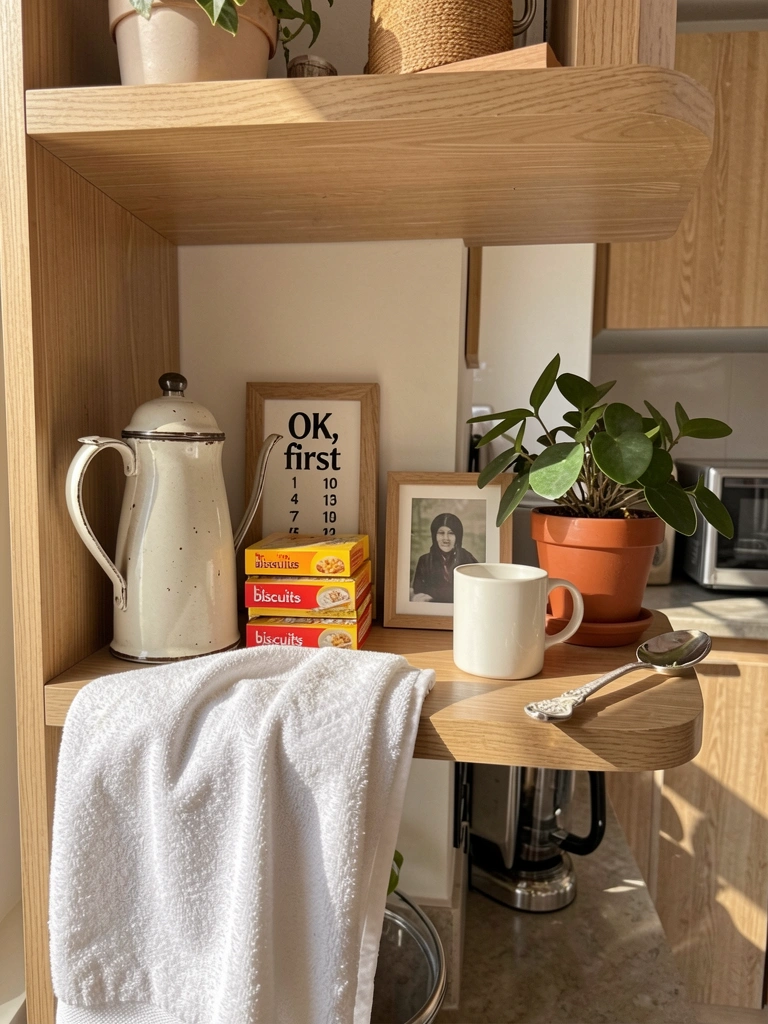 Prateleira de madeira clara com chaleira vintage, pilha de embalagens de biscoitos, quadro com letras, caneca branca e colher decorativa, toalha pendurada e vaso de planta, luz natural filtrada por janela criando sombras suaves.