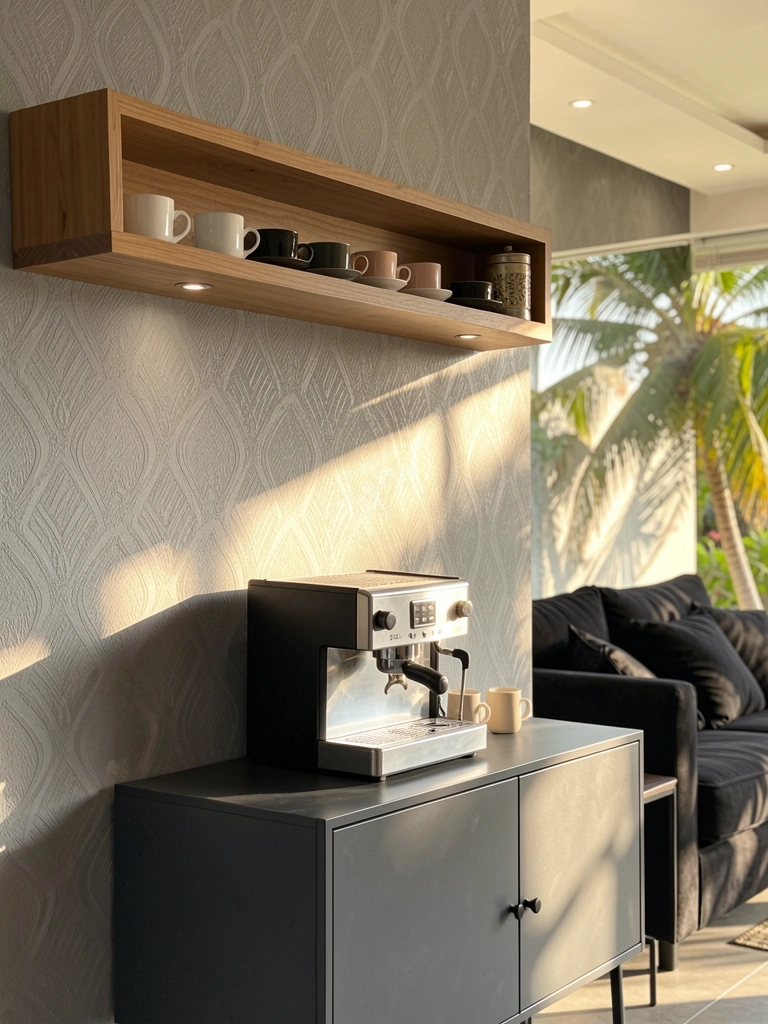 Máquina de espresso prateada sobre armário cinza escuro, parede cinza padronizada com iluminação embutida e estante com xícaras.