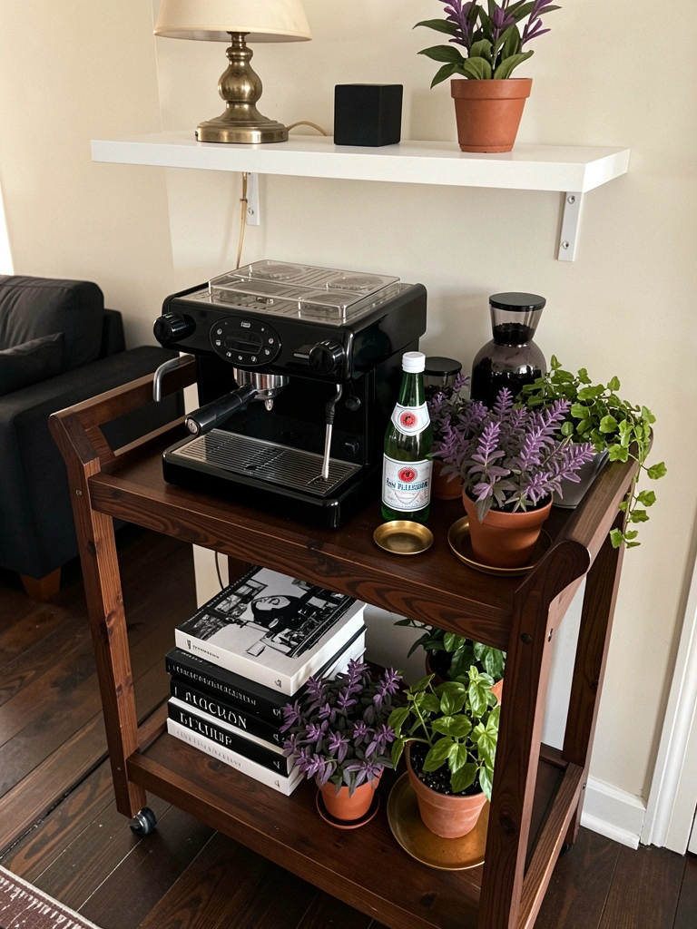 Carrinho de bebidas de madeira escura com máquina de espresso preta, livros, garrafa San Pellegrino, plantas roxas e verdes, e luminária vintage na prateleira.