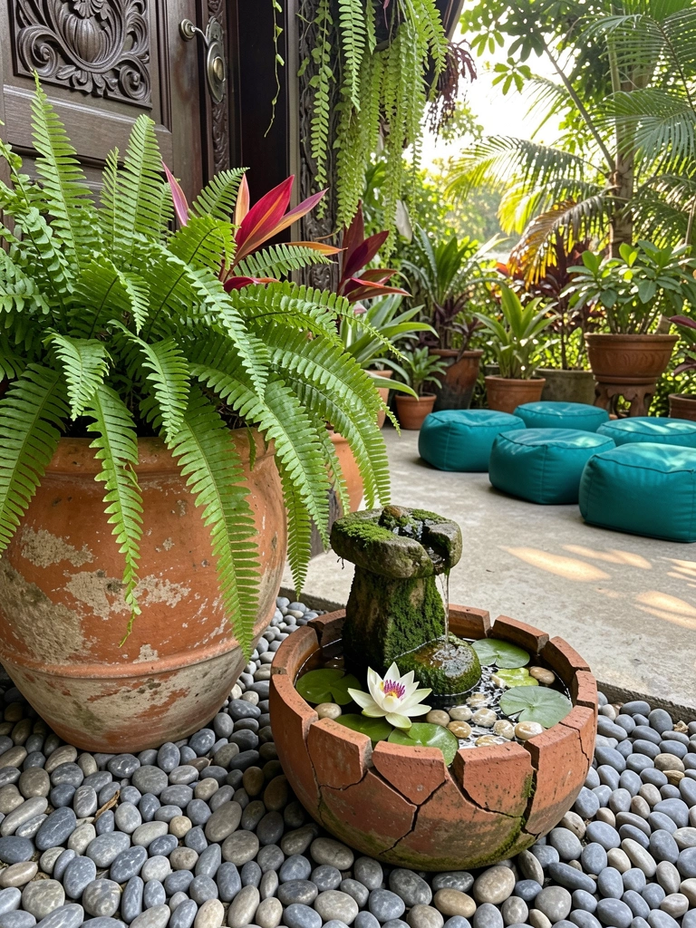 Vaso de terracota com samambaias e plantas tropicais, fonte de pedra com musgo e bacia rachada com vitórias-régias, luz natural filtrada por folhagens.