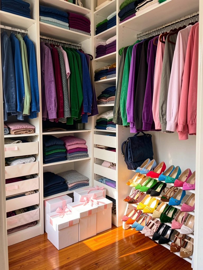 Vestuário colorido em cabides de veludo e prateleiras brancas, sapatos organizados em sapateira e caixas com laços rosa no chão de madeira, luz natural.