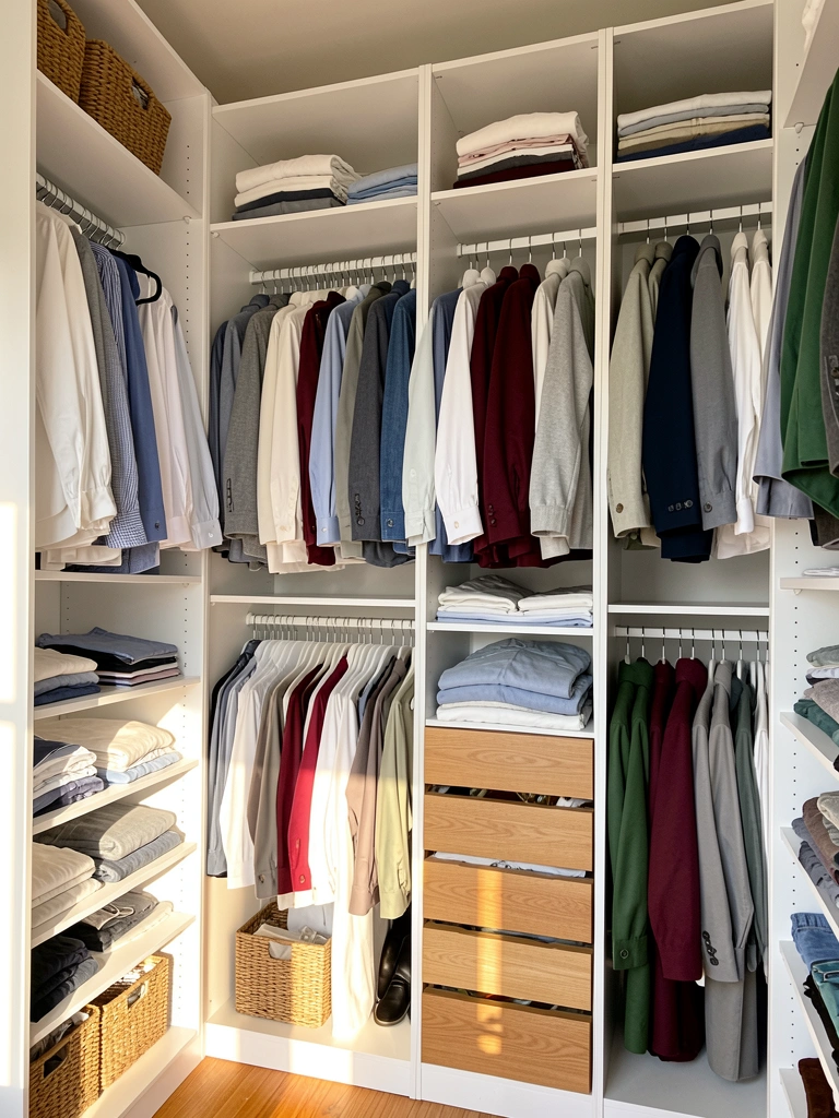 Luz natural incide sobre cabides com camisas e jaquetas em tons de branco, cinza e azul, gavetas de madeira na base e cestos de vime com roupas dobradas.