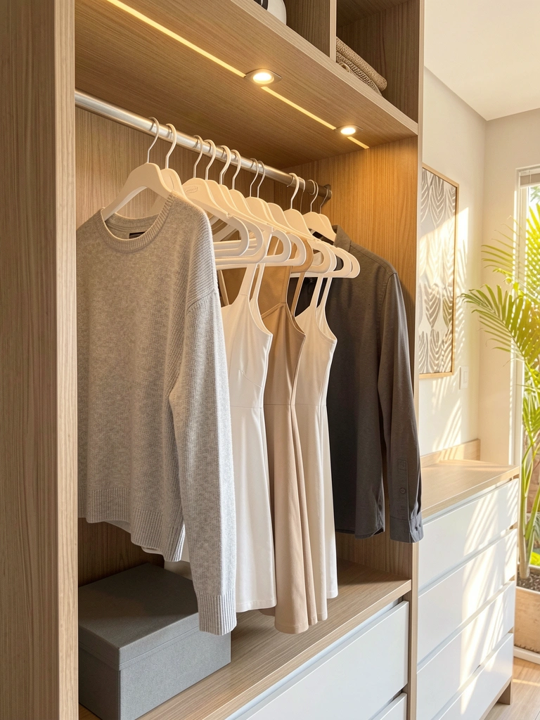 Cabides plásticos grossos com suéter cinza claro, vestido bege e camisa cinza escuro em closet de madeira clara, prateleira iluminada e caixa de armazenamento cinza abaixo.