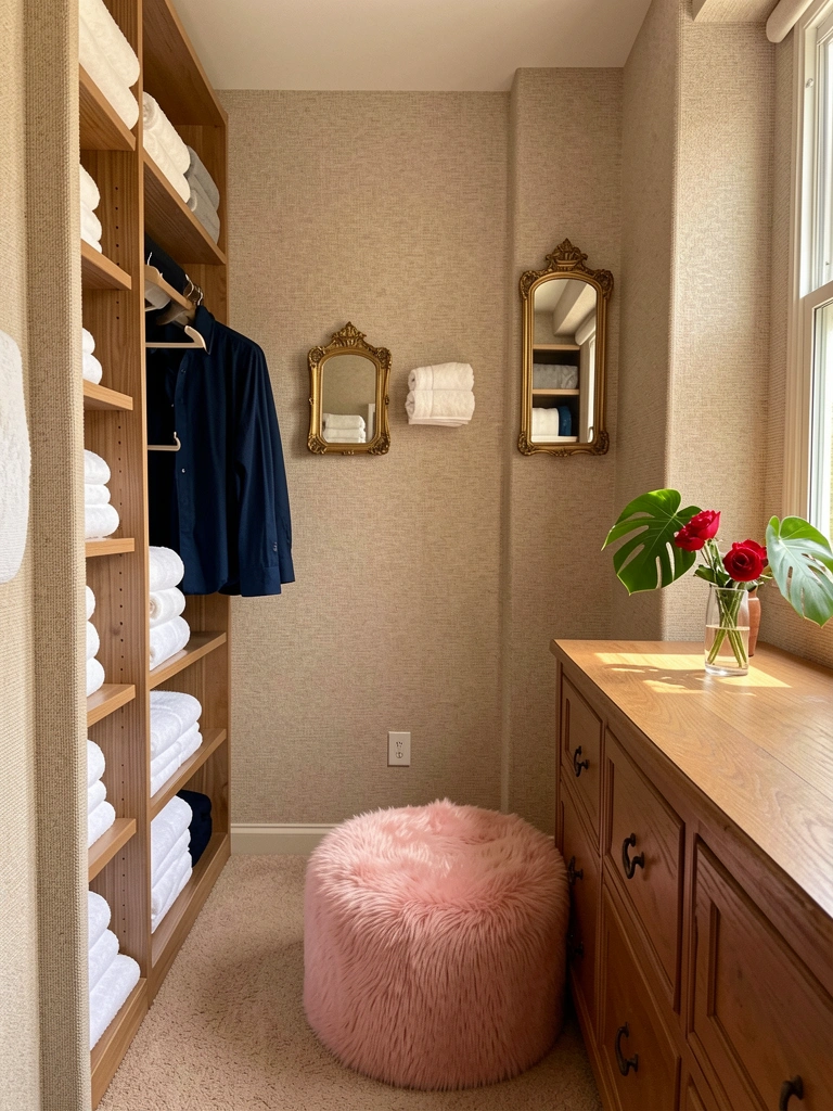 Prateleiras com toalhas brancas dobradas, armário de madeira com camisas azuis, pufe rosa felpudo, vaso com rosas e folha de Monstera, luz natural suave.