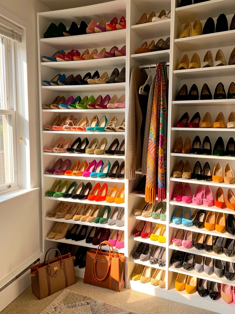 Luxuoso closet branco com fileiras de sapatos coloridos, bolsas Hermes e Coach no chão, lenço estampado pendurado e luz natural entrando pela janela.