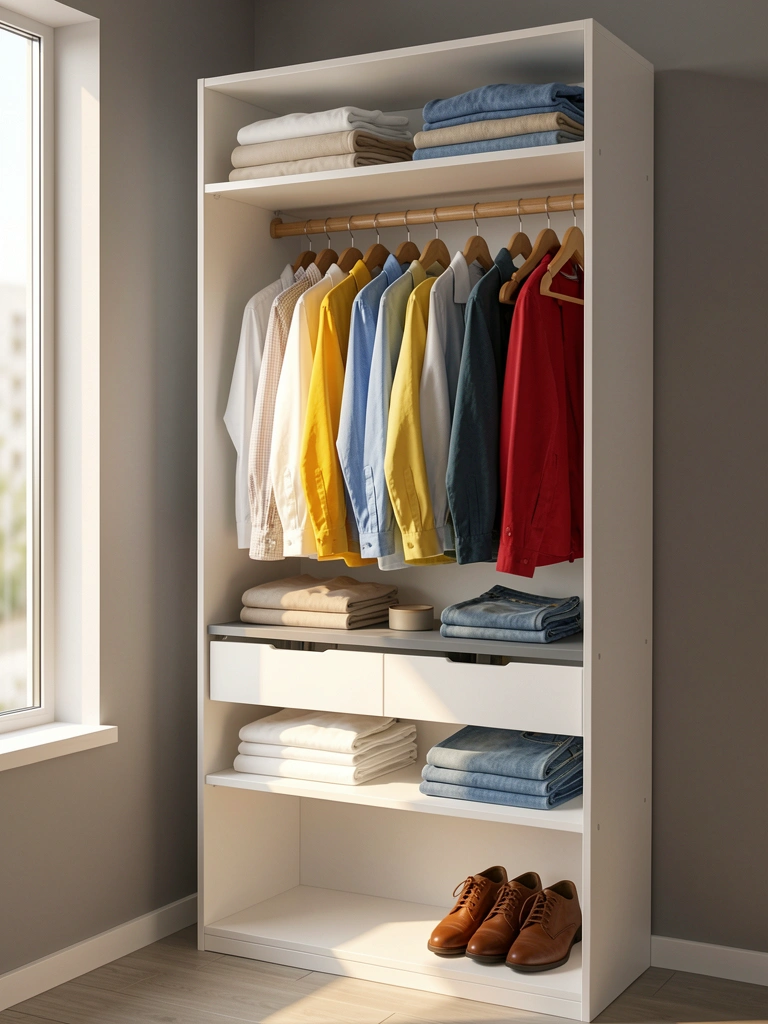 Armário modular branco com prateleiras e gavetas, roupas coloridas em cabides, par de sapatos marrons na base, luz natural entrando pela janela.