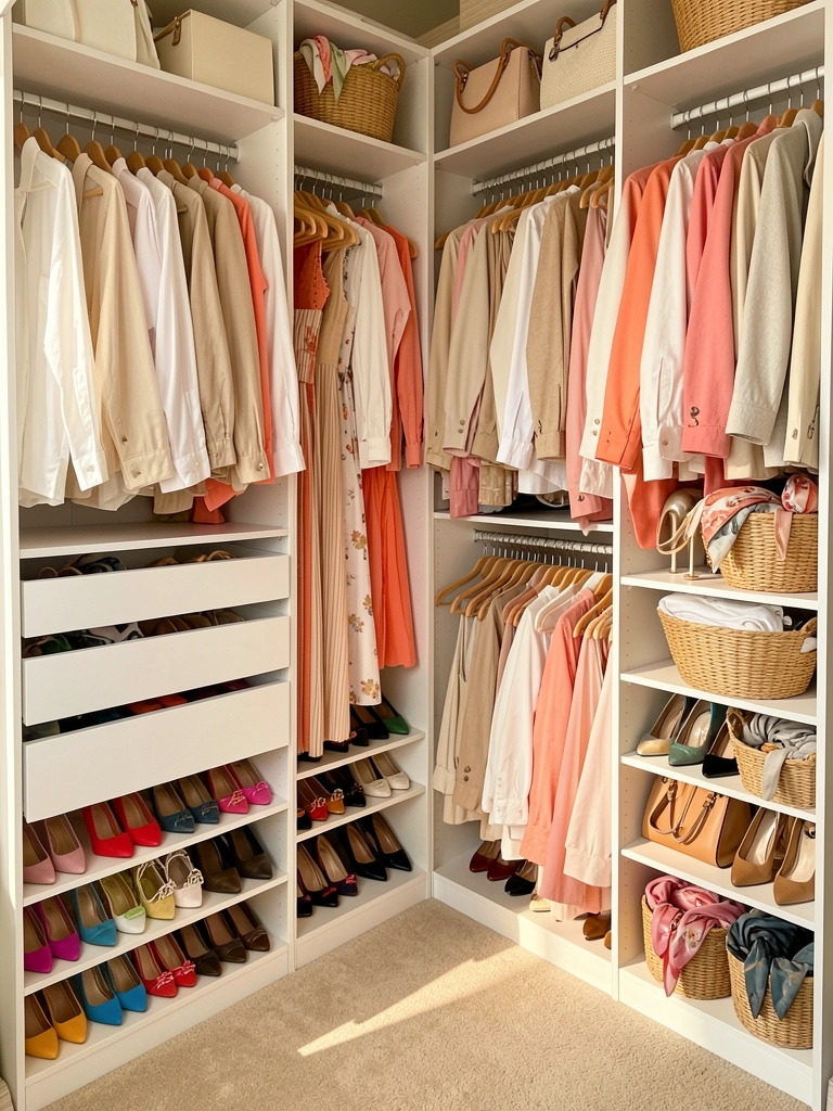 Roupas penduradas em cabides brancos, sapatos coloridos em prateleiras e cestos de vime em closet com luz natural.