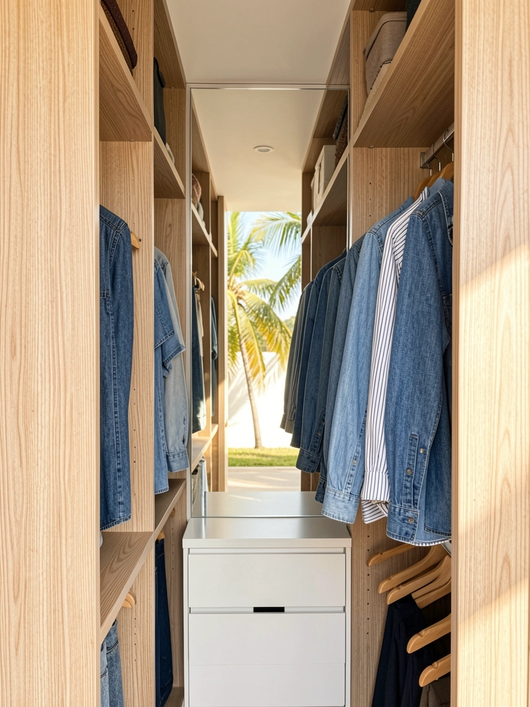 Prateleiras de madeira clara em closet estreito com parede espelhada, camisas jeans listradas penduradas em cabides de madeira.