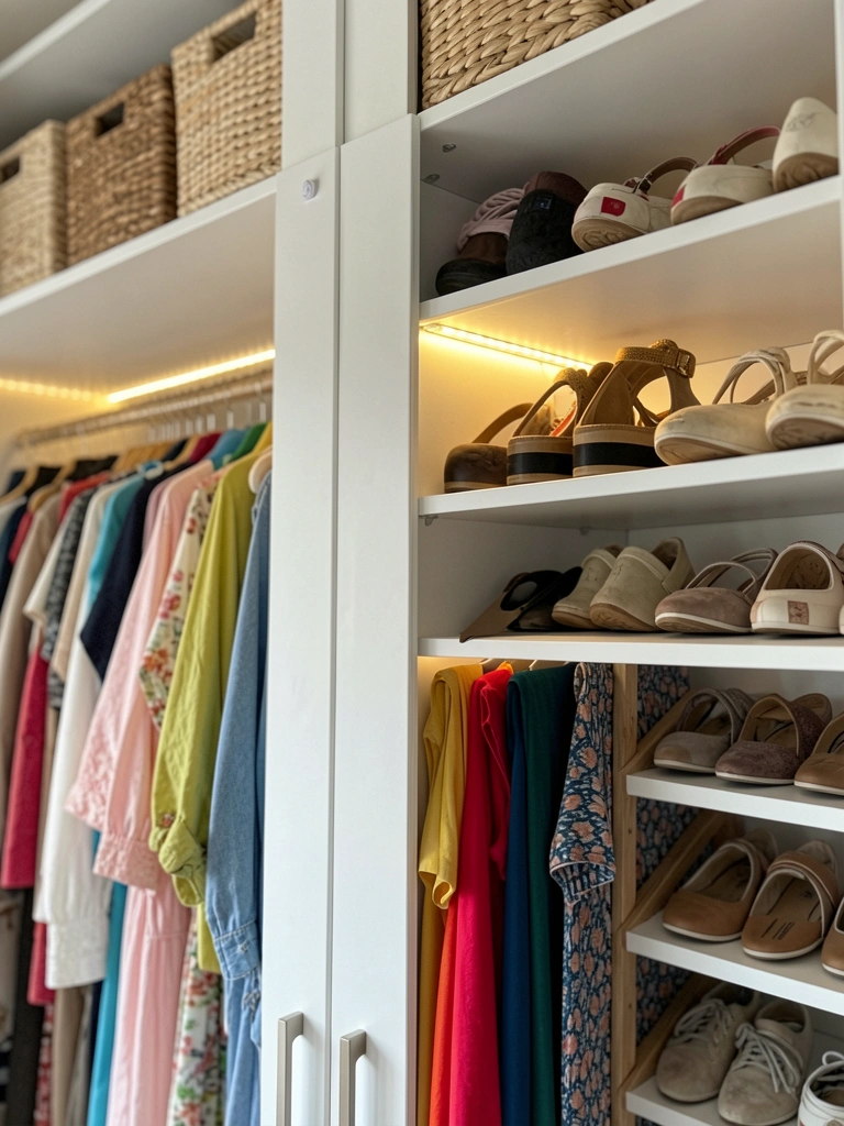 Interior de armário branco com prateleiras cheias de roupas coloridas e sapatos, fita de LED com sensor de movimento na borda superior das portas, cestos de vime e sapateiras organizados, iluminação suave e natural.