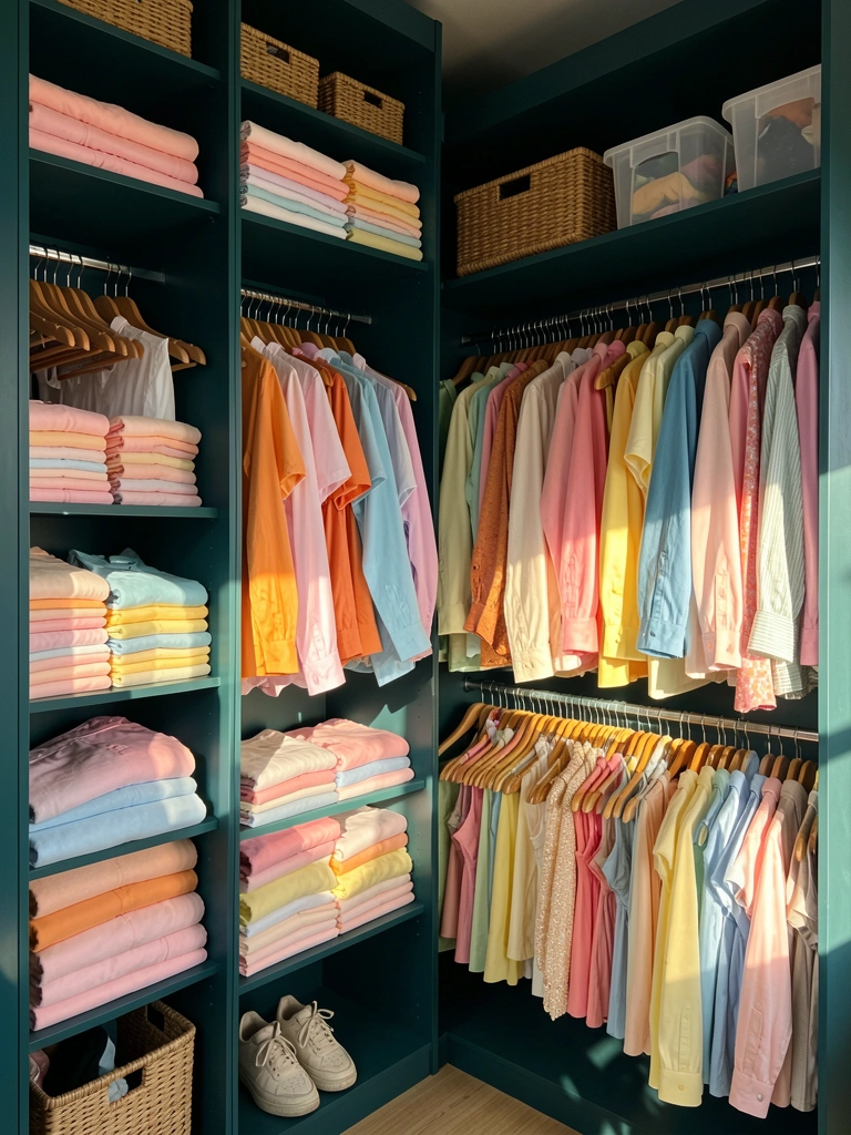 Prateleiras de madeira em closet verde-escuro com roupas coloridas dobradas, cestos de vime e caixas plásticas; tênis claro na prateleira inferior; luz natural destaca texturas.
