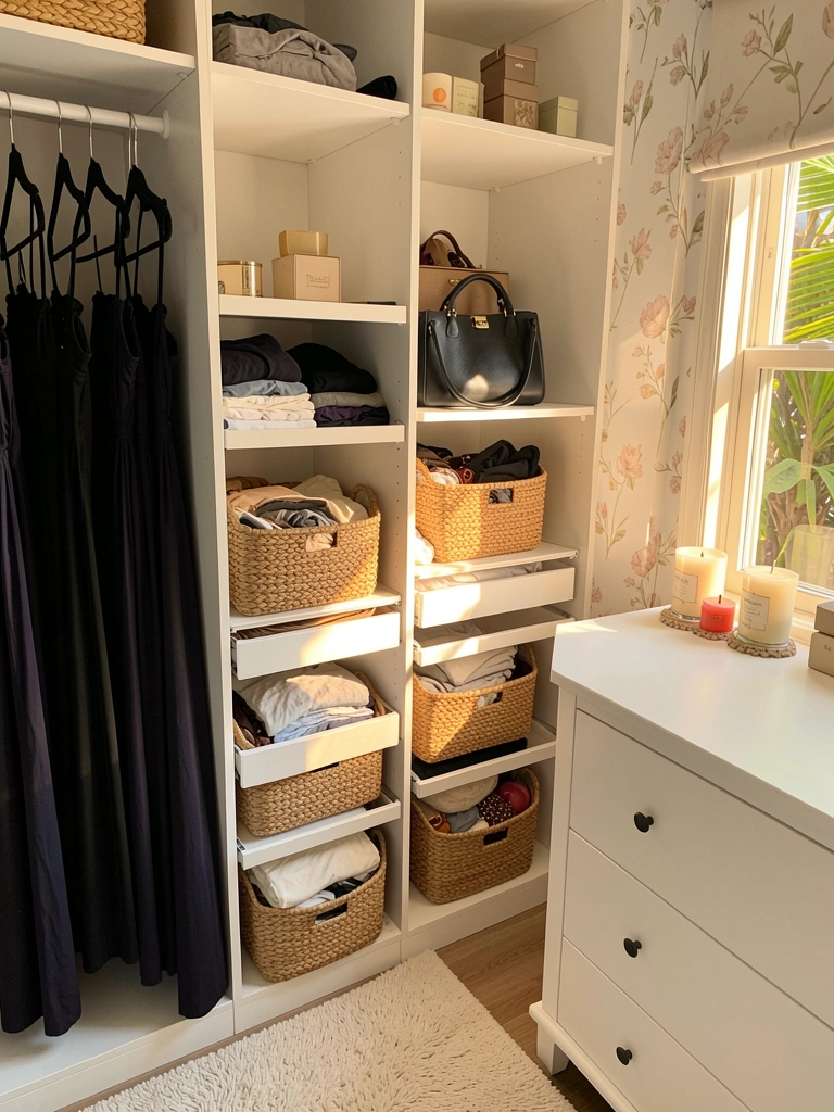 Cestos trançados em gavetas com divisórias ajustáveis, bolsa de couro preta sobre prateleira e cabides com vestidos escuros em closet branco iluminado por luz natural.