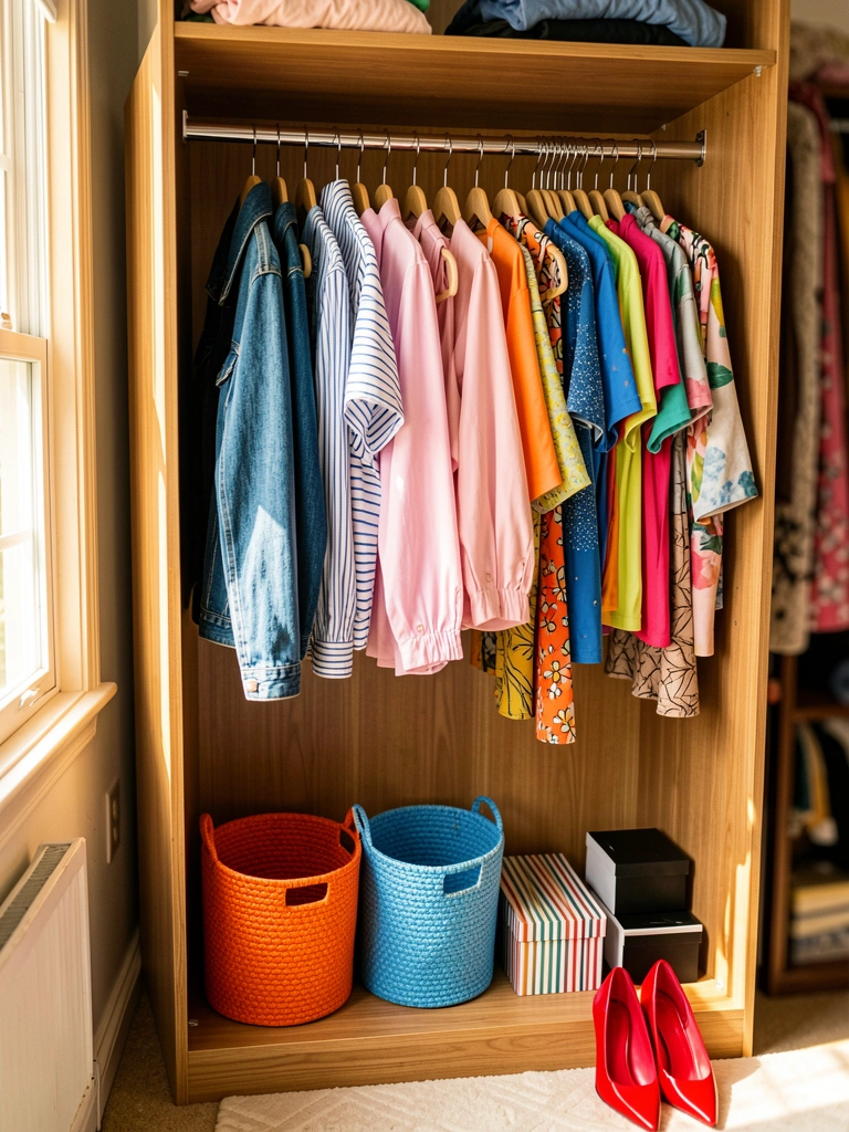 Madeira clara e varão prateado em guarda-roupa com roupas coloridas, cestos laranja e azul, e saltos vermelhos no chão, luz natural suave.