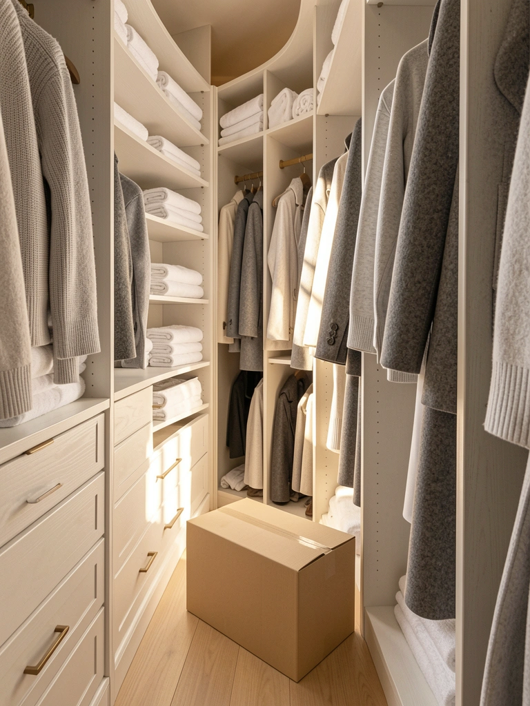 Armário closet com prateleiras brancas, toalhas dobradas, casacos cinza e um blusa clara; caixa bege no chão, luz natural entrando pela janela.