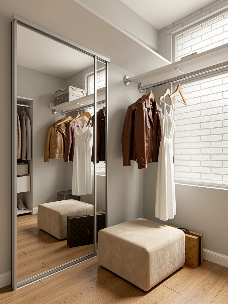 Porta de correr espelhada reflete interior de closet com cabides, jaqueta de couro, vestido branco e pufe bege.