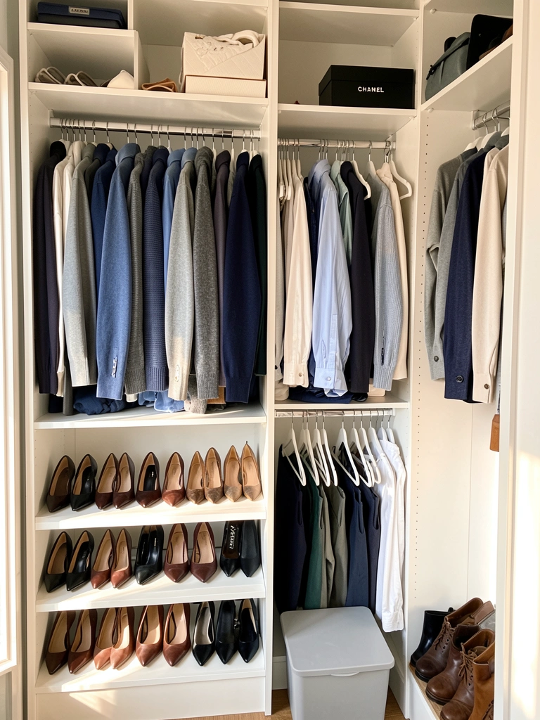 Prateleiras brancas com sapatos de salto escuros alinhados, cabides com roupas em azul e cinza, caixa Chanel preta no alto, luz natural entrando pela janela.