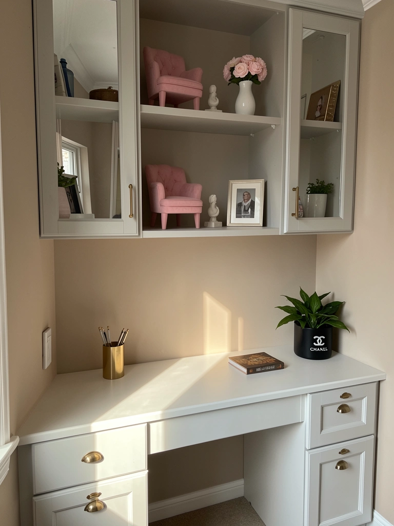 Mesa branca com gavetas sob armários cinza claros com portas espelhadas, prateleiras com poltrona rosa, vaso com flores e vaso Chanel preto, luz natural.
