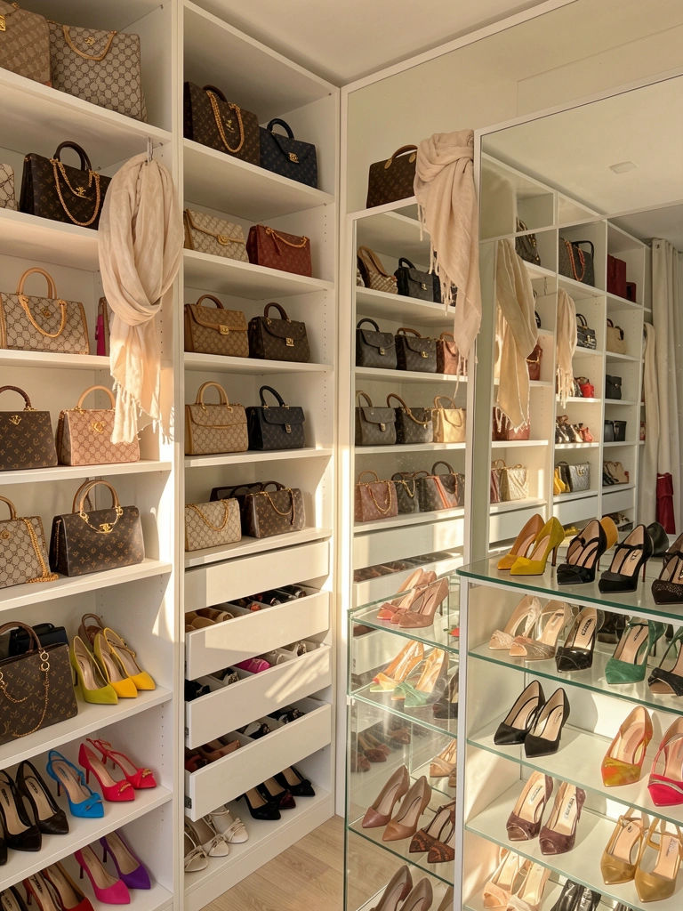 Prateleiras brancas com bolsas Chanel, Gucci e Louis Vuitton alinhadas, sapatos coloridos em gavetas abertas e luz natural entrando por janela.