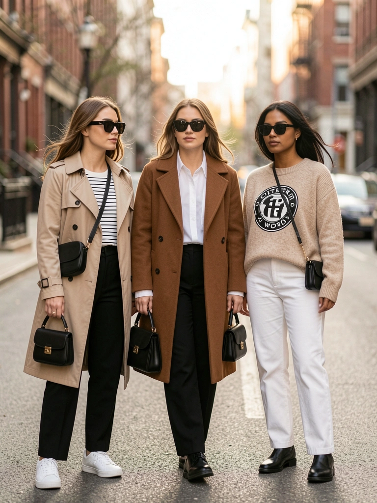 Três mulheres em tons neutros: trench bege, casaco marrom oversized e suéter bege, com óculos escuros e bolsas pretas, em rua urbana com luz natural e fundo desfocado.