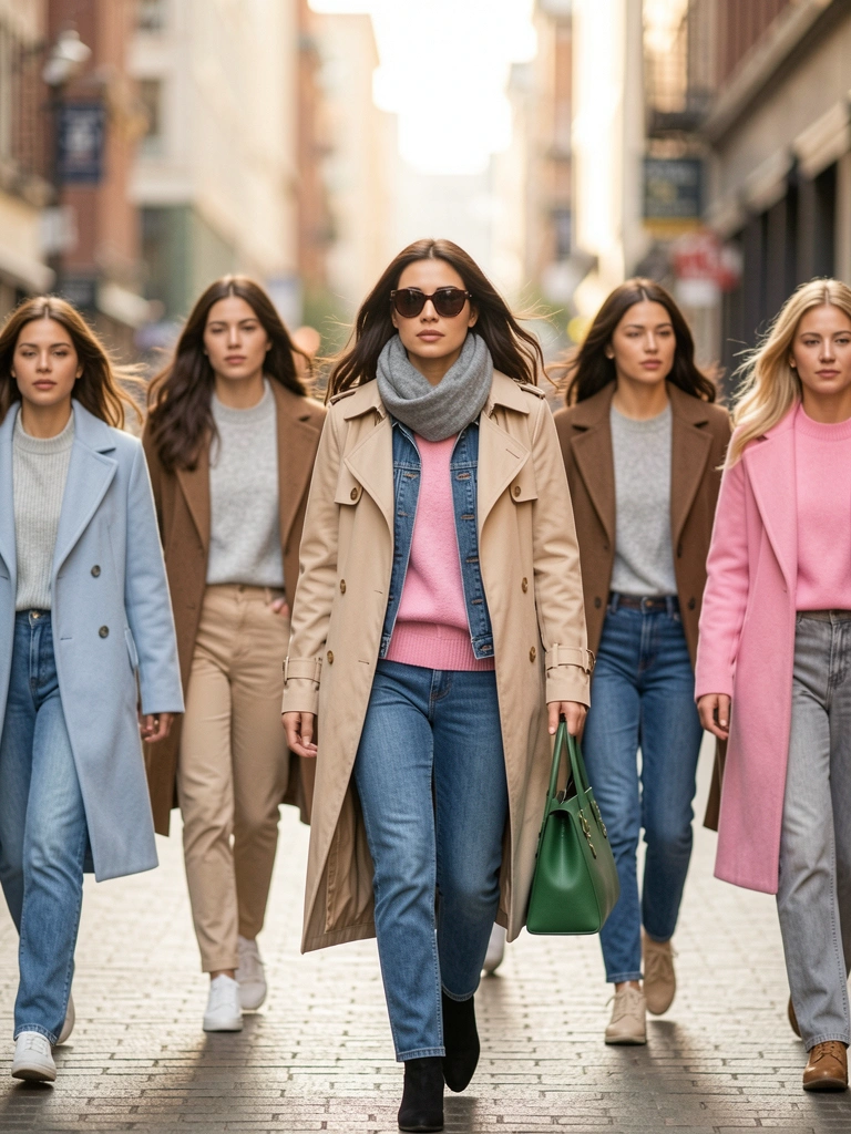 Mulher com trench coat bege, cachecol cinza e bolsa verde caminha em rua urbana sob luz natural; ao fundo, outras pessoas com casacos azul e marrom.
