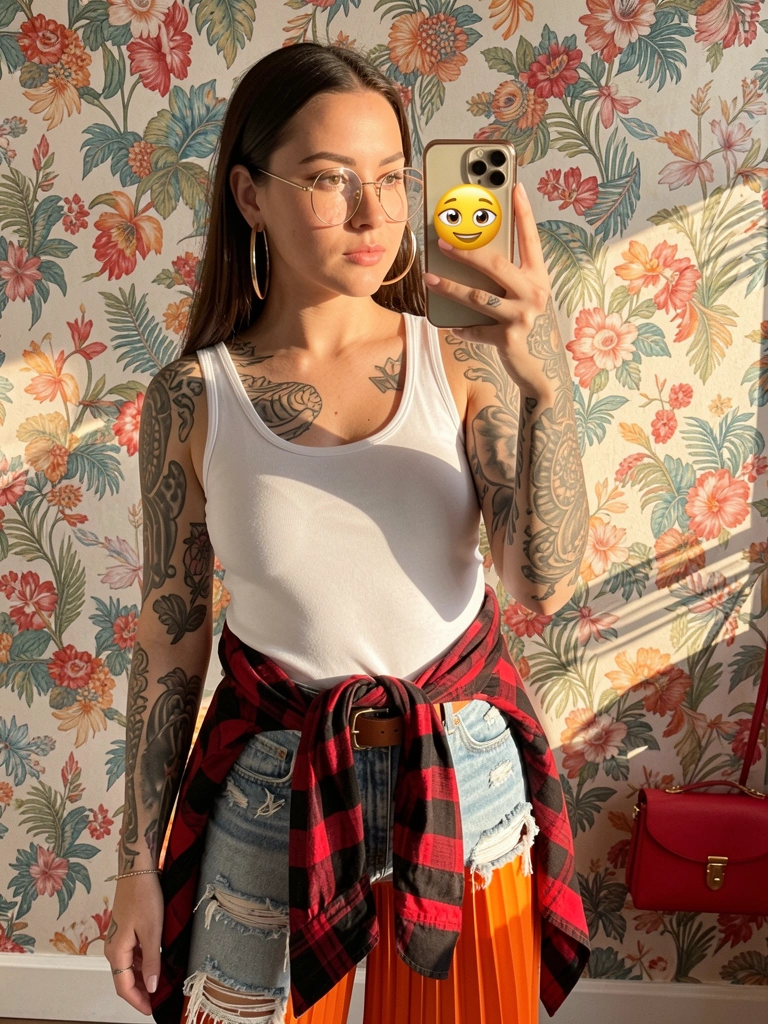 Jovem com tatuagens nos braços, camiseta branca e calça laranja plissada tira selfie em parede floral vintage, luz natural.