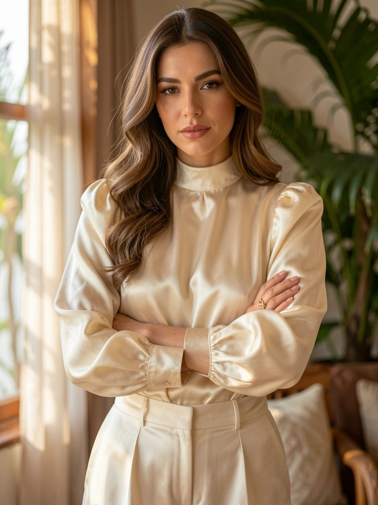 Blusa de cetim creme com mangas bufantes e calça wide-leg, luz natural suave, mãos cruzadas e anel dourado.