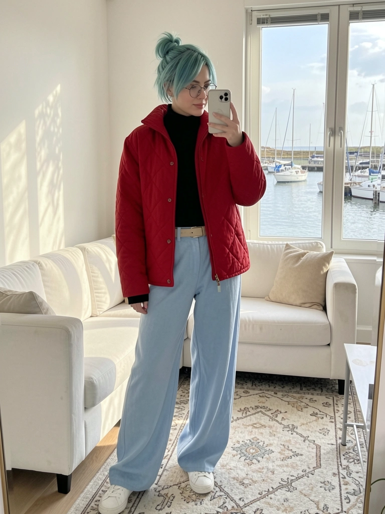 Jovem de cabelo azul-esverdeado e óculos redondos, usando jaqueta vermelha acolchoada e calça azul clara, tirando selfie em sala clara com sofá branco e janela com vista para marina.