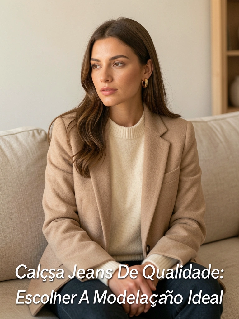 Mulher de blazer bege e suéter creme sentada em sofá de linho claro, brincos de argola dourados, luz natural suave.