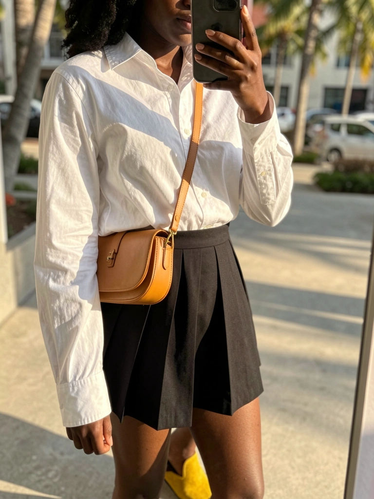 Mulher negra de camisa branca e saia preta plissada segurando bolsa de couro marrom, tirando selfie em luz natural com fundo urbano desfocado.