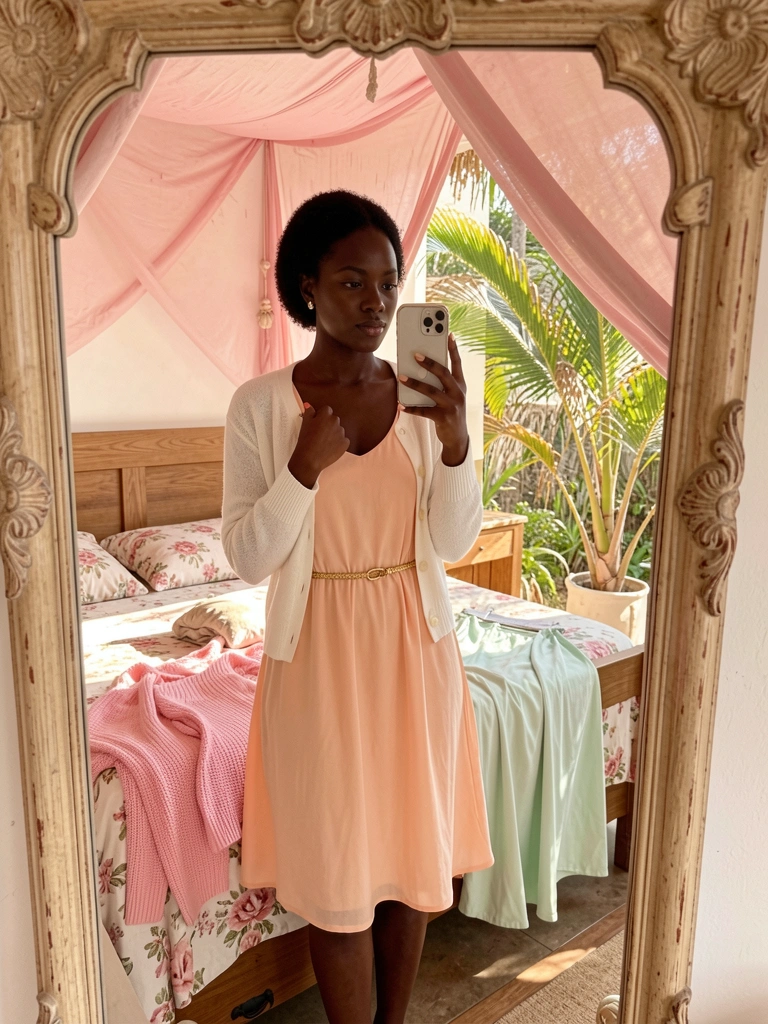 Jovem negra em vestido pêssego e cardigã branco segurando telefone em frente a espelho vintage, cama com colcha floral e dossel rosa ao fundo.
