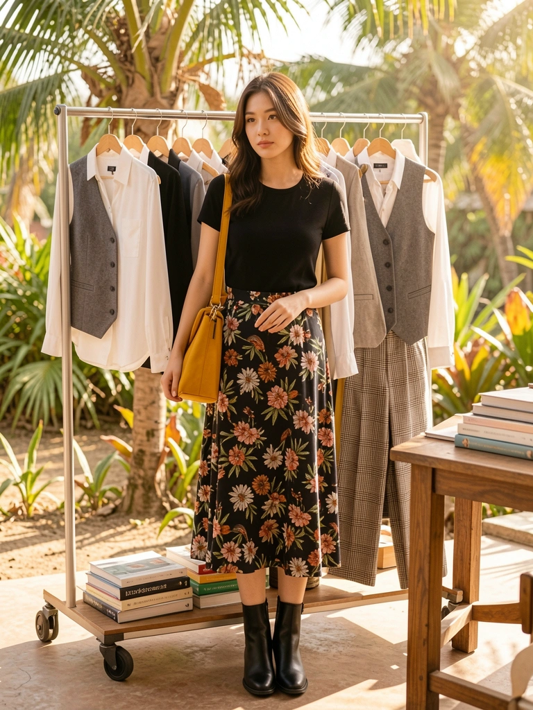 Jovem de vestido preto, saia floral e bolsa amarela mostarda em frente a um rack com blusa branca, colete cinza e calça xadrez, livros empilhados ao lado, luz natural.