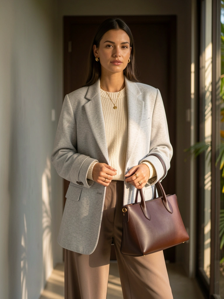 Mulher de blazer cinza claro e calça taupe segurando bolsa de couro marrom, corredor com porta escura e luz natural filtrada.